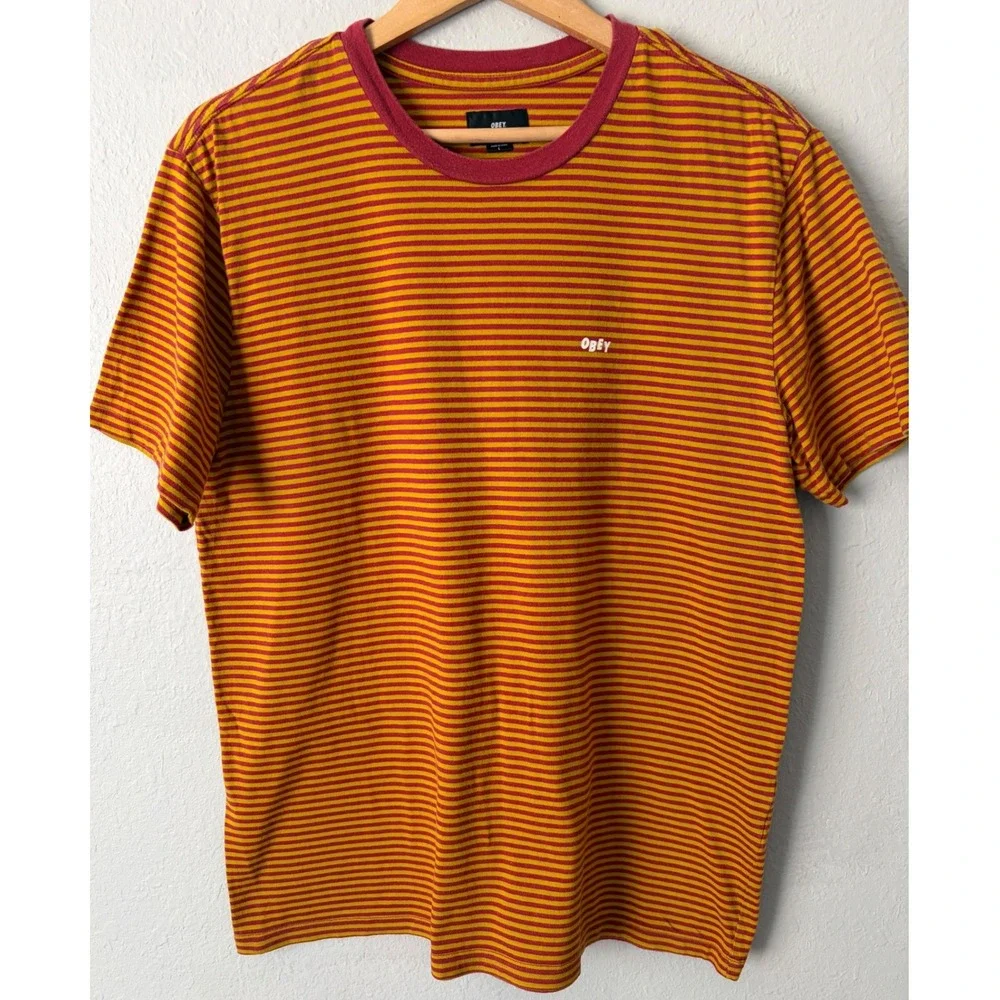 Obey Mens Striped Short Sleeve Logo T-Shirt Large Burgundy Skater Street Indie